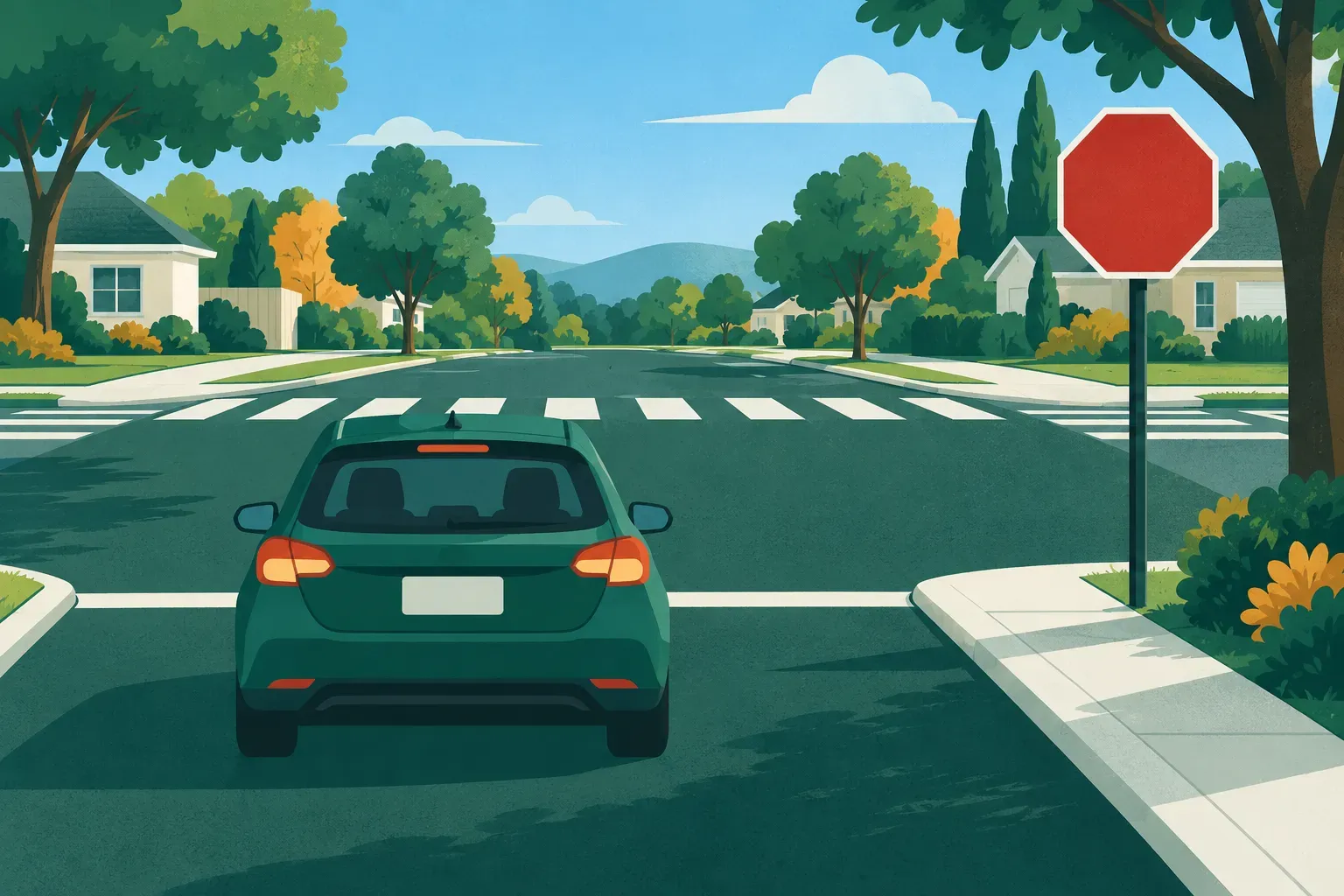 A car stopped at the stop line of a quiet suburban intersection