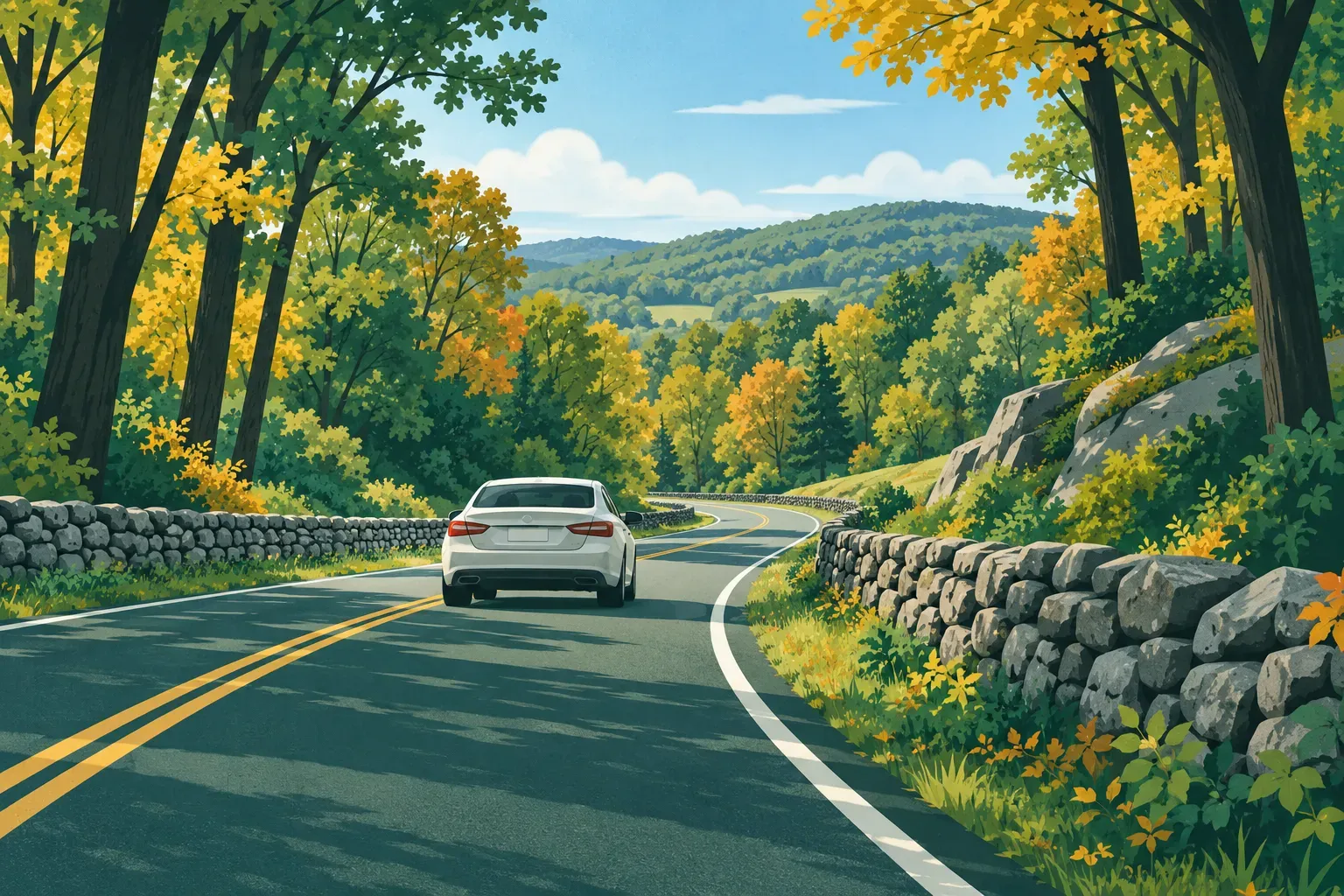 A country road through New England woods with stone walls, a typical landscape of Connecticut