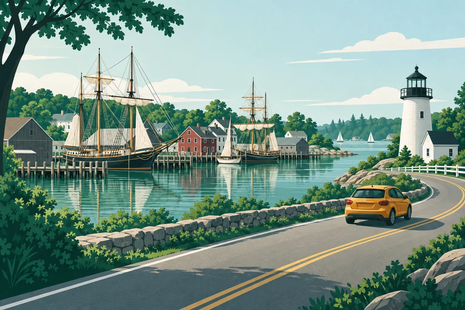 A historic New England seaport with tall ships and a white lighthouse, in Connecticut